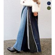 【2026新作】バックチュール 切替 デニム スカート 配色 マキシ丈