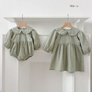 全2色 女の子ベビー ワンピース＆ロンパース 刺繍入り丸襟 長袖 カバーオール 姉妹コーデ対応 子供服