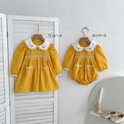韓国風 女の子刺繍ワンピース レースフリル 長袖 ベビーロンパース カバーオール 子供服 姉妹姉妹コーデ