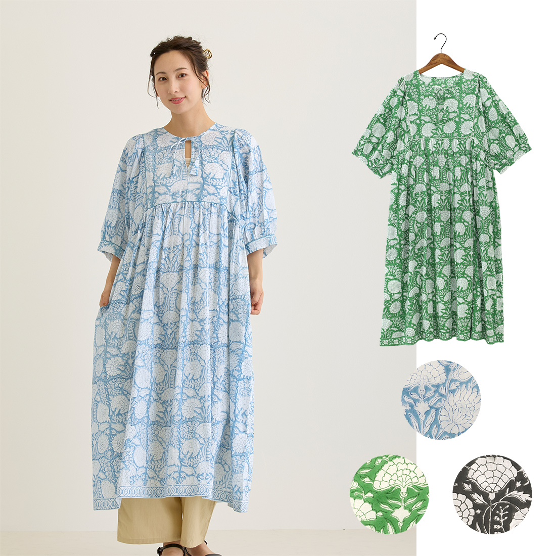 【Shanti Shanti】ワンピース リコ[五分袖半袖花柄フラワーブロックプリントインドアジアン春夏26SS]