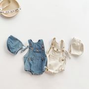 インス夏 韓国風 ベビーノースリーブデニムロンパース サロペット 帽子付き 男女兼用
