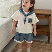 キッズ夏セット 男の子 通気薄手トップス＋ルーズパンツ セーラー風カジュアル 2 点セット