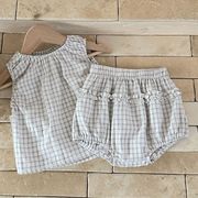 2026夏※LQY☆ベビー格子ノースリーブトップス＋ショートパンツセット 女の子上下2点セット