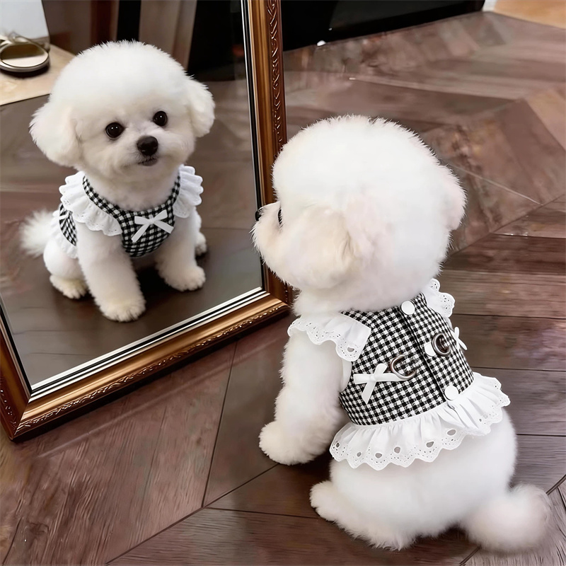 夏の新商品、ペット服、レースチェック柄リボンプリンセスドレス、犬猫服
