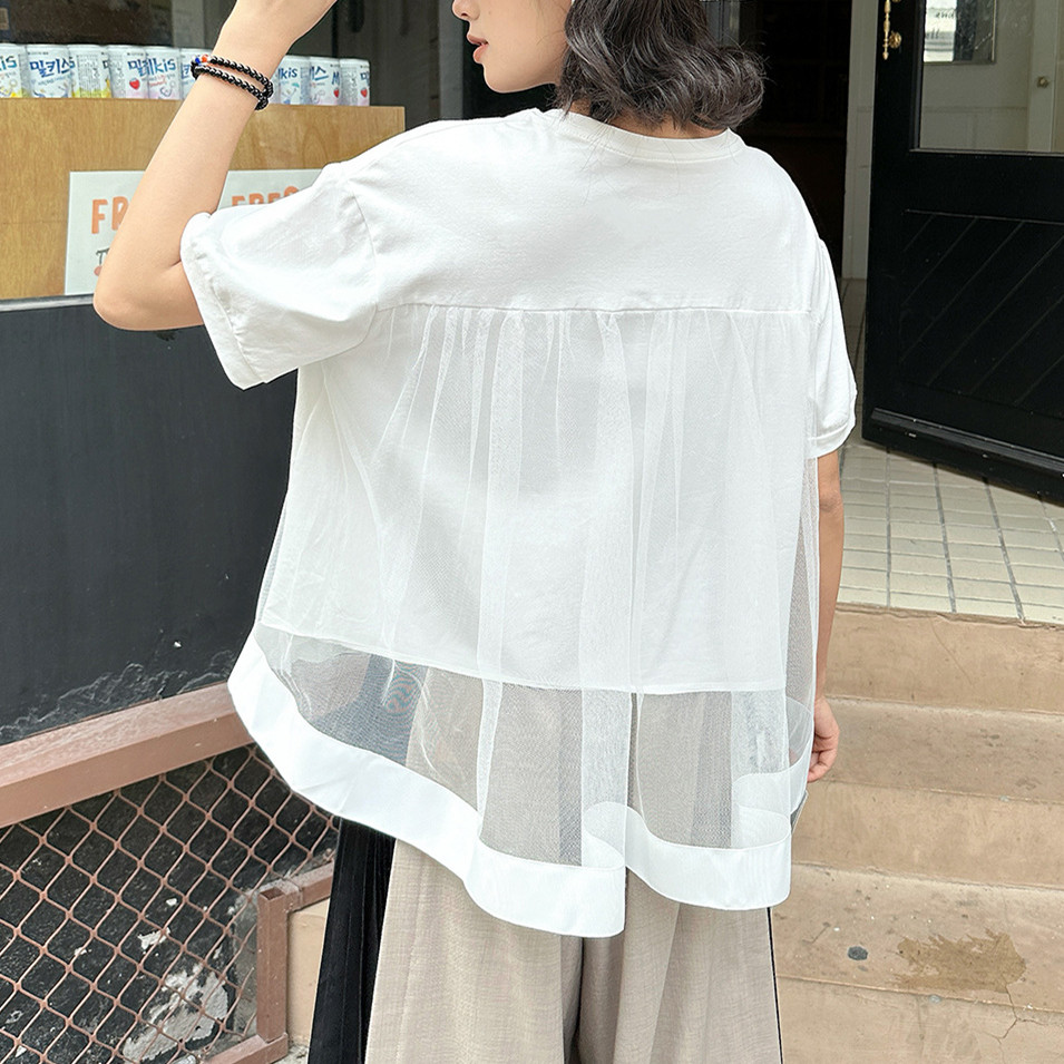 Ｔシャツ レディース シャツ 半袖 トップス メッシュ ゆったり 体型カバー 異素材