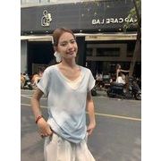 フェイクレイヤード クルーネック半袖トップス ゆったり レディース