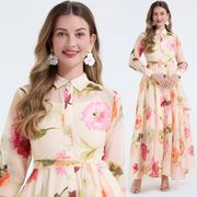 レディース 欧米風花柄ロングワンピース シャツカラー 長袖 ハイウエスト リボン付き 大きめ裾 エレガント