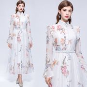 レディース フレンチフラワープリント ロングワンピース スタンドカラー ウエストベルト  エレガント