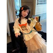 秋 女の子 ガーリー ネコ柄Tシャツチュールティアードスカート 3点セット