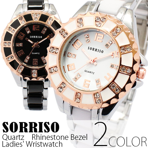 正規品SORRISOソリッソ ピンクゴールド装飾 ラインストーンベゼル シルバーコンビ SRHI12 レディース腕時計