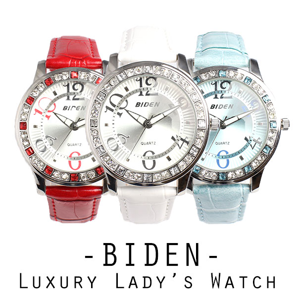 【BIDEN バイデン】日本製ムーブメント 華やかラインストーン レザーベルトのレディース腕時計 BD002