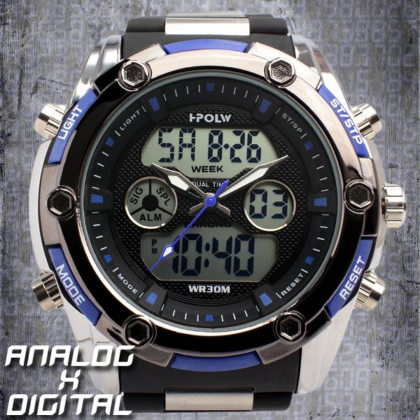 アナデジ デジアナ HPFS618B-BKBL アナログ&デジタル 防水 ダイバーズウォッチ風メンズ腕時計 クロノグラフ