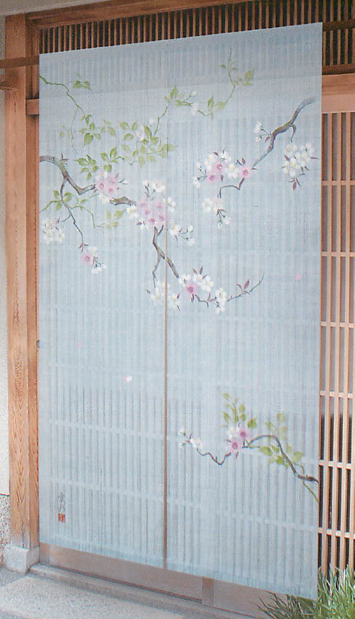 【新作です！安心の日本製！手織りの麻生地に葉桜を描きました！　手描きのれん】葉桜