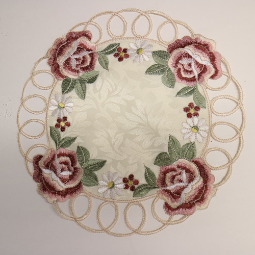 テーブルセンター薔薇のカット刺繍丸型RD