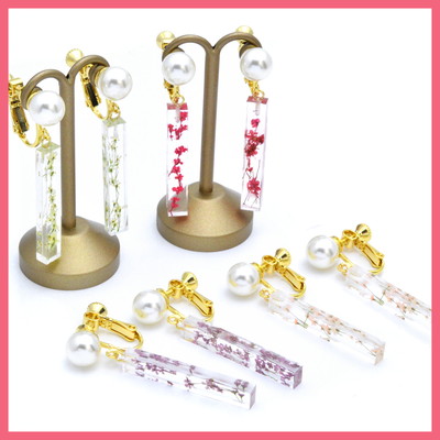 パール&ドライフラワー入りスティックイヤリング