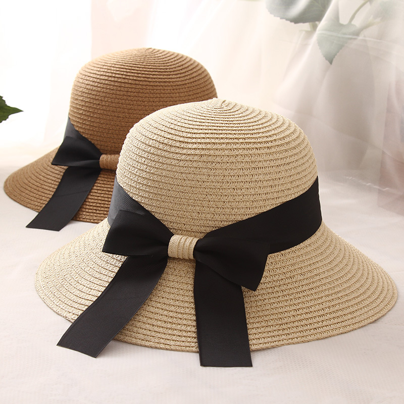 草編み帽子　折畳み　サンバイザー　 麦わら帽子　リボン付き　ビーチハット　UV対策　日焼け止め