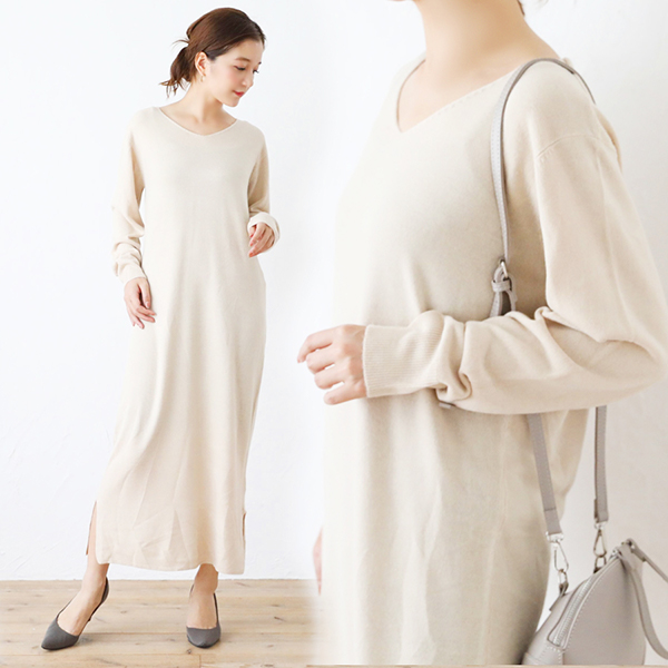 【2019秋冬新作】カシミヤタッチVネックロングニットワンピース/s50