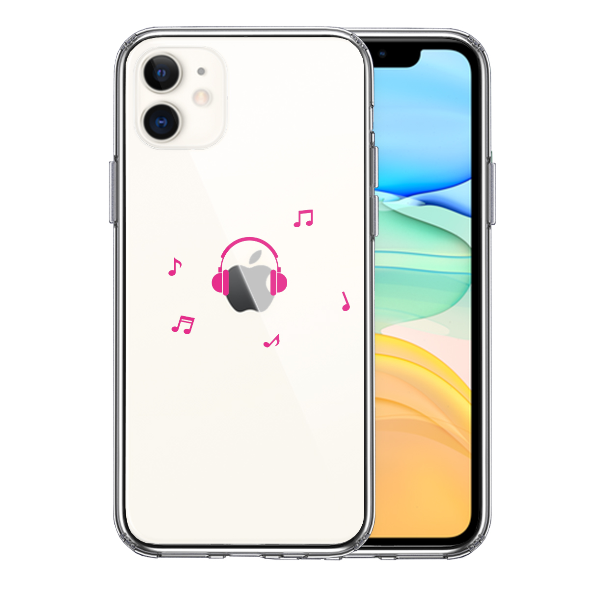 iPhone11 側面ソフト 背面ハード ハイブリッド クリア ケース カバー 音楽 music ヘッドフォン ピンク