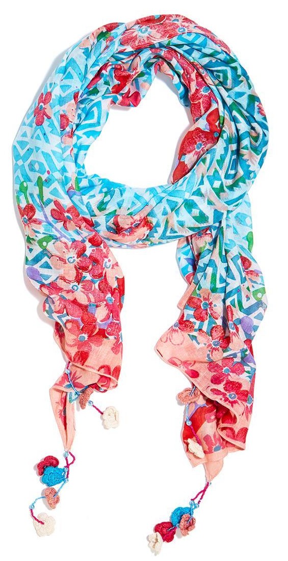 【在庫処分セール】トゥーズカンパニー フローラルプリント織スカーフ ターコイズ