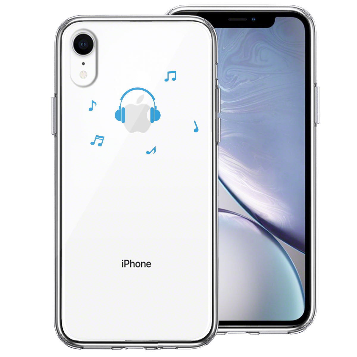 iPhoneXR 側面ソフト 背面ハード ハイブリッド クリア ケース 音楽 music ヘッドフォン ブルー