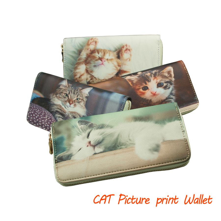 かわいいネコの写真をプリント　ラウンドファスナー長財布