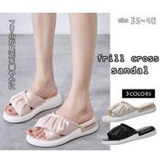 2020新作 レディース シューズ  ミュール スリッパ  サンダル 履きやすい フリル クロス