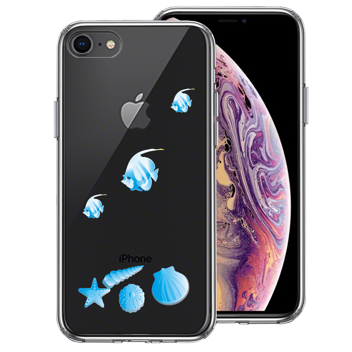 iPhone7 iPhone8 兼用 側面ソフト 背面ハード ハイブリッド クリア ケース 夏 熱帯魚 と 貝 ブルー