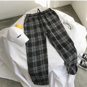 週末に着たい服 自社生産 韓国ファッション  ギャザリング 格子縞 ワイドパンツ 怠惰な風 スリム