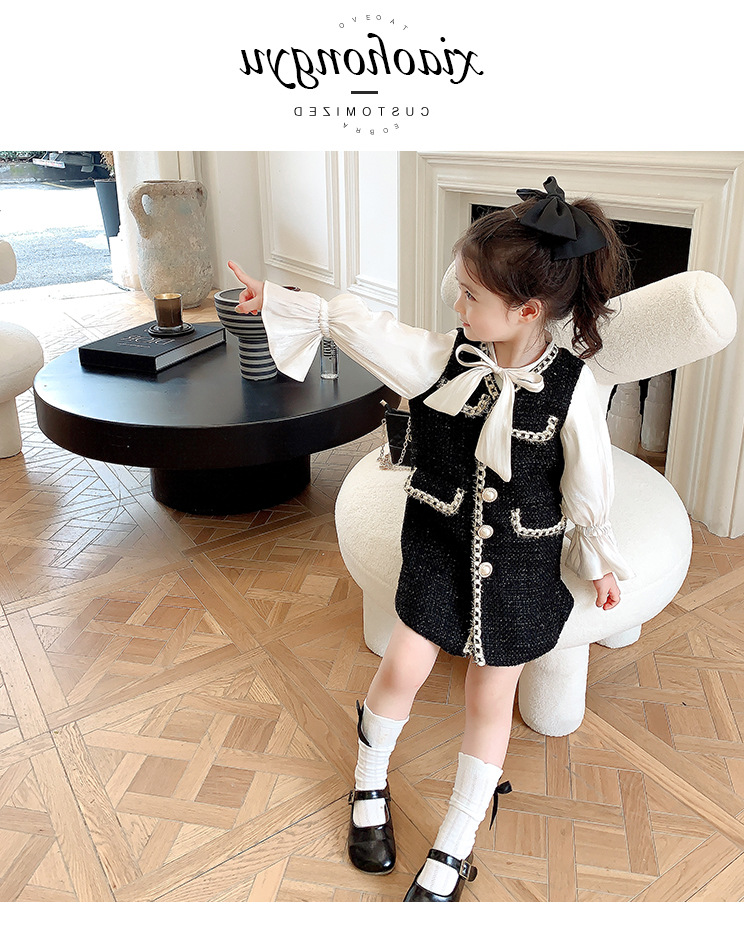 2020秋新作 韓国風 子供服 女の子 可愛いキッズ ツイード ワンピース 