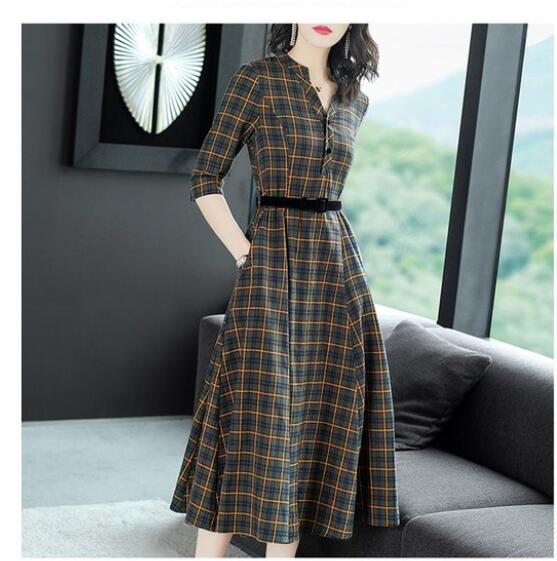 ワンピース レディース きれいめ ロングワンピース ミモレ丈 シャツワンピース チェック ベルト付き 七分袖 アパレル Ado 合同会社 問屋 仕入れ 卸 卸売の専門 仕入れならnetsea