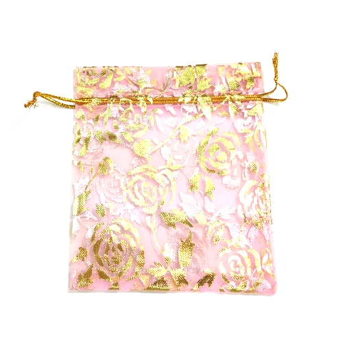 袋　オーガンジー　薔薇柄　ピンク　大　10枚セット　収納ケース　ギフト　アクセサリーケース