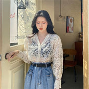 韓国ファッション 2点セット長袖レースシャツ+ハイネック オーバー百掛けチ スリムニットボトムシャツ