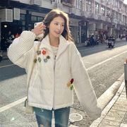 自社生産-高品質！韓国ファッション 立体 花柄 短いスタイル コーデュロイ ギャザリング コート 気高い