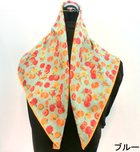 【日本製】【ウール】【スカーフ】ウール100％さくらんぼ柄日本製四角スカーフ
