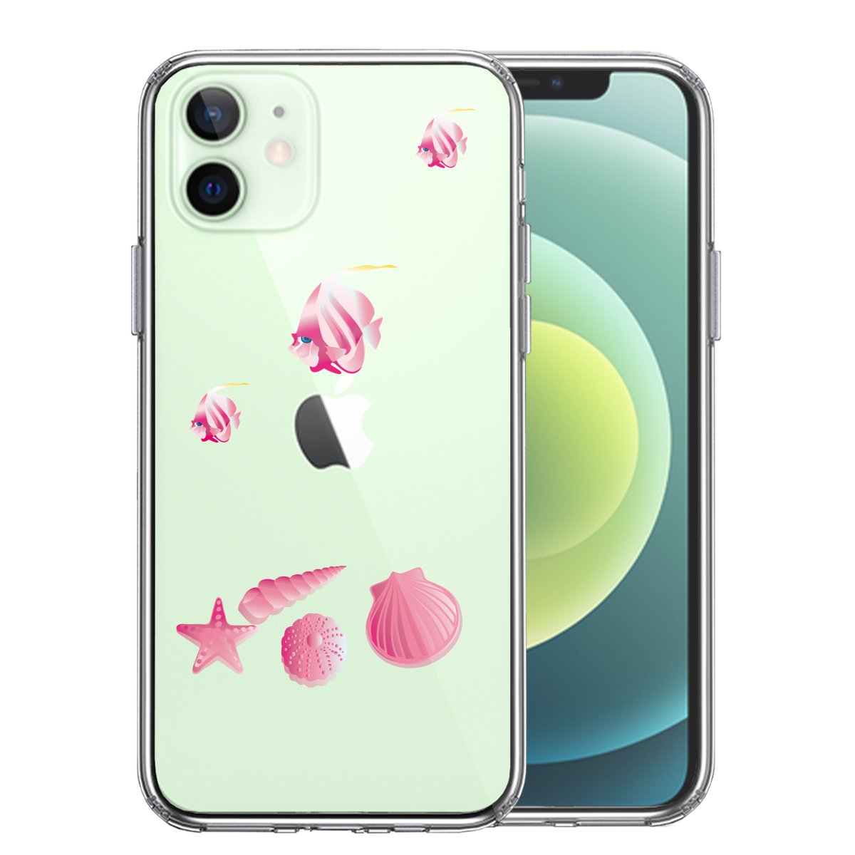 iPhone12mini 側面ソフト 背面ハード ハイブリッド クリア ケース 夏 熱帯魚 と 貝 ピンク