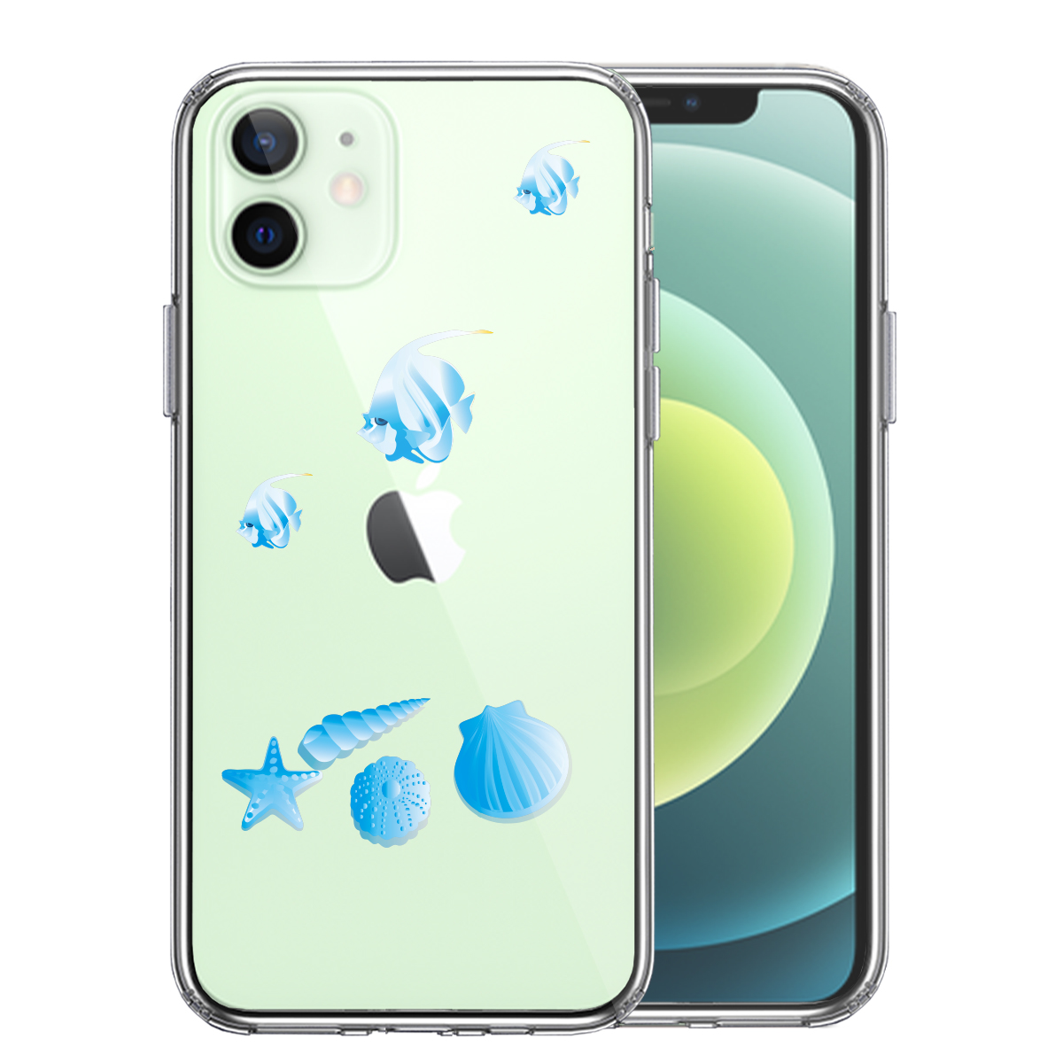 iPhone12mini 側面ソフト 背面ハード ハイブリッド クリア ケース 夏 熱帯魚 と 貝 ブルー