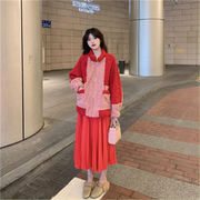 韓国ファッション 暖かい ラムウール カラーマッチングコート+プリーツ プリーツ スカート 2点セット