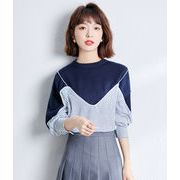 早春 縞模様 シャツ 長袖 ゆったり 上着 フェイクレイヤード レディース トップス 韓国ファッション