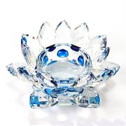 【売切セール品】クリスタルガラス　蓮花台　お皿　小サイズ　ブルーカラー　風水　置物　彫り物