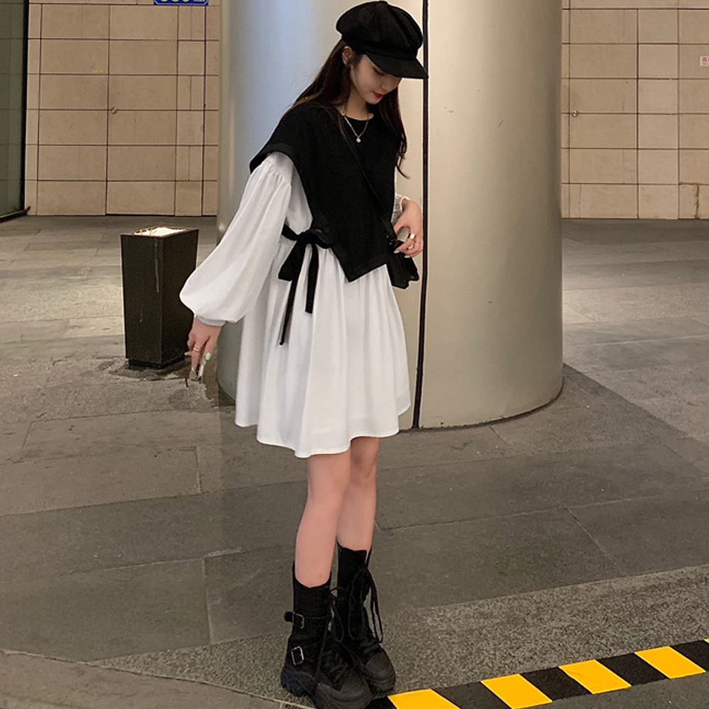 シャツワンピース レディース ベストレイヤード風 おしゃれ 長袖ワンピース 白 アシンメトリー 即納 アパレル 盛煌商事 株式会社 問屋 仕入れ 卸 卸売の専門 仕入れならnetsea