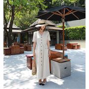 夏 コットンリネン 無地 シングルブレスト 半袖 ハイウエスト ワンピース レディース 韓国ファッション