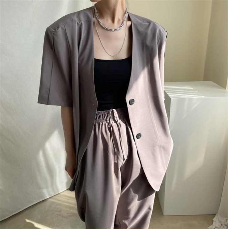 韓国ファッション 半袖 スーツ コート ファッション セット 伸縮性ウエストゆったりするカジュアルパンツ