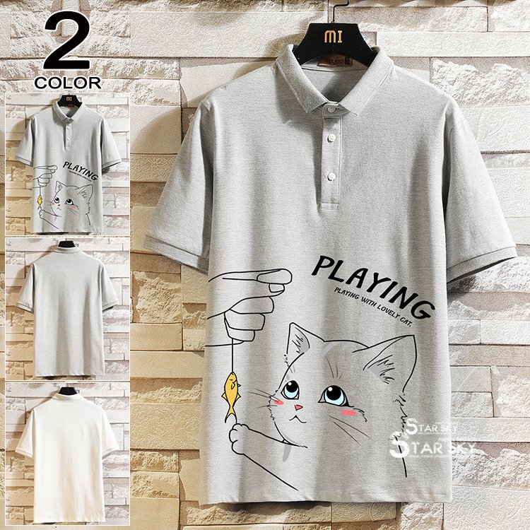 ポロシャツ メンズ 半袖 猫柄 おしゃれ ゴルフウェア ゴルフシャツ