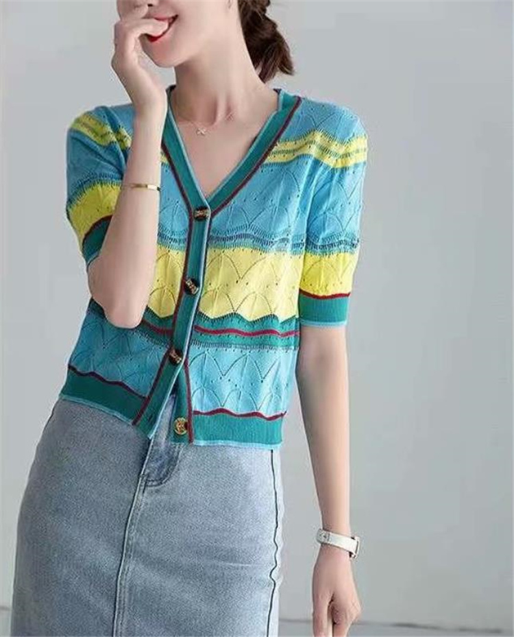 韓国ファッション カラーマッチング 透かし彫り 半袖 通気性 アイスリネン Vネック ニット カーディガン