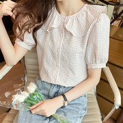 信じられない驚きの大特価 韓国ファッション フリル ラペル レトロ チェック柄 シャツ 小さい新鮮な