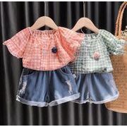 【2点セット】新作 子供服  ベビー服  アパレル  半袖  チェック柄  シャツ +   ショットパンツ  女の子
