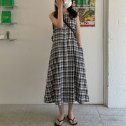 99%綿 チェック柄  ワンピース ノースリーブ スリム Ａラインスカート レディース 韓国ファッション