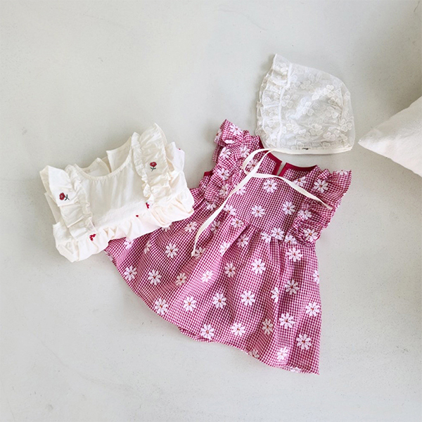【KID】韓国風子供服  ベビー服　フレア付きワンピース　花柄ロンパース　女の子　ノースリーブ