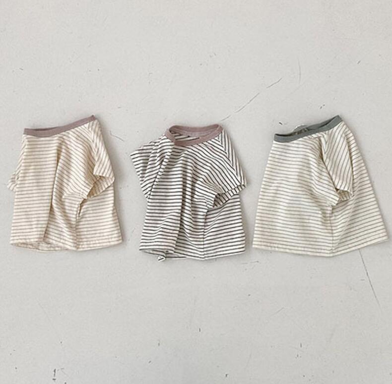 韓国 ins子供服 子供 赤ちゃん夏 新作 子供 綿カジュアルTシャツストライプ 半袖 73-100