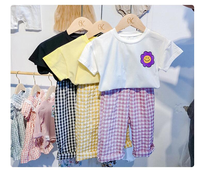 韓国 子供服 2021夏 新作男女 子供カジュアル 半袖ズボンゆったり 格子花 二点セット